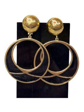 Monet Gold Tone & Black Enamel Clip On Hoop Earrings Vintage Statement Round